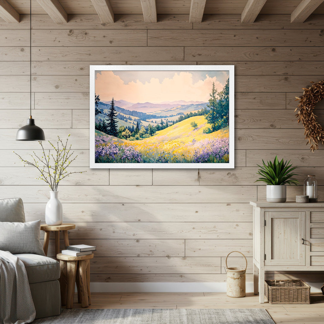 Framed Poster of a serene landscape painting in watercolor style, featuring yellow and purple wildflowers, with a soft, pastel color palette.