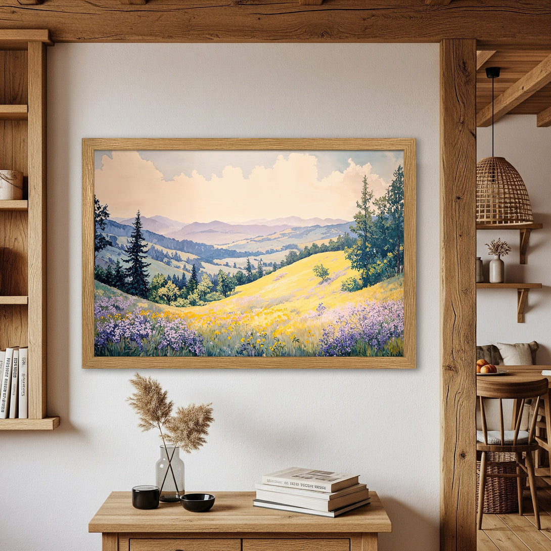 Framed Poster featuring a serene landscape painting with yellow and purple wildflowers. Soft, watercolor style with a warm, natural color palette.