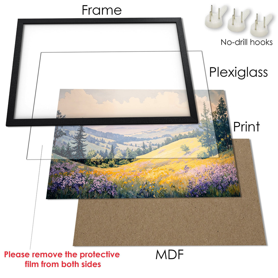 Framed Poster of a serene landscape painting with a vibrant color palette. Perfect art for any room!