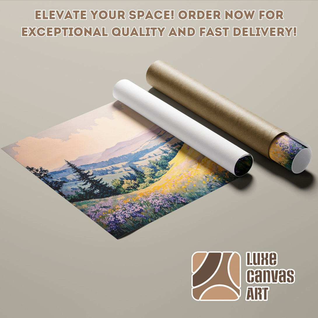 Scenic landscape Poster Roll, impressionist style, featuring mountains and wildflowers in a soft color palette.
