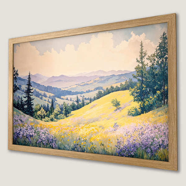 Framed Poster of a vibrant landscape painting. Features rolling hills, yellow wildflowers, and a soft, warm color palette. Perfect wall art!