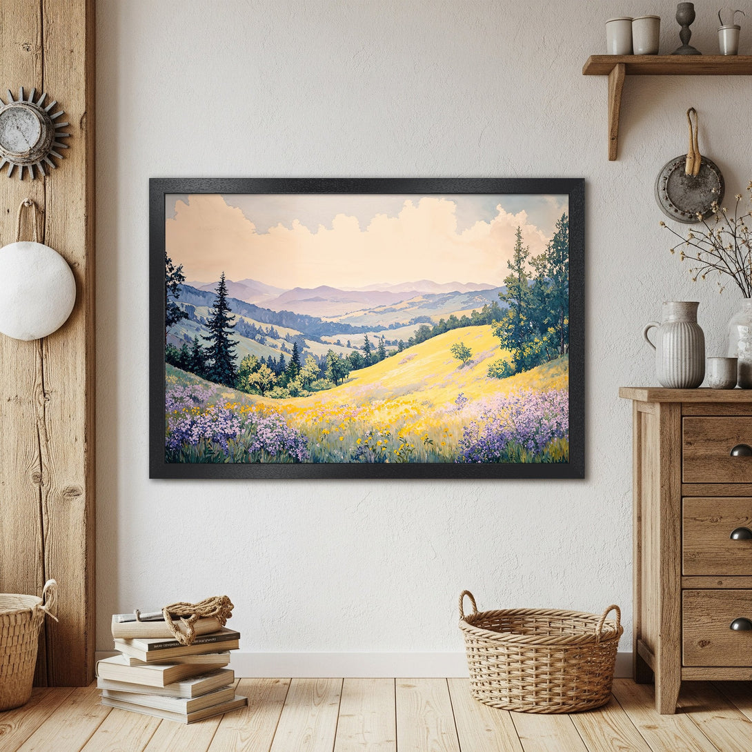 Framed Poster of a serene watercolor landscape with yellow and purple wildflowers. A beautiful art print to brighten any space.