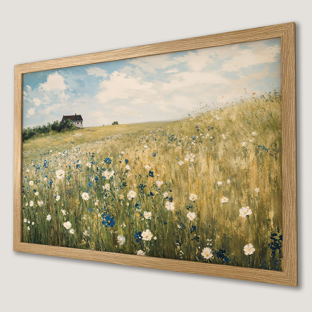 Framed Poster featuring a serene field of wildflowers. Impressionistic style, warm color palette. Perfect wall art!