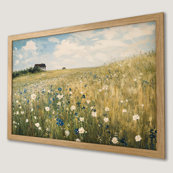 Framed Poster featuring a serene field of wildflowers. Impressionistic style, warm color palette. Perfect wall art!