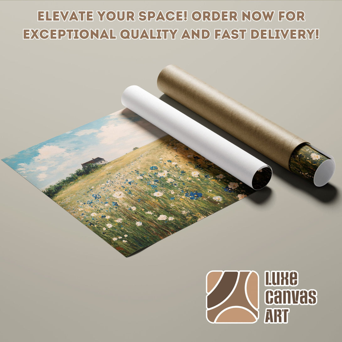 Poster Roll of a landscape painting, impressionistic style, featuring a field of flowers, blue, green, and beige colors.