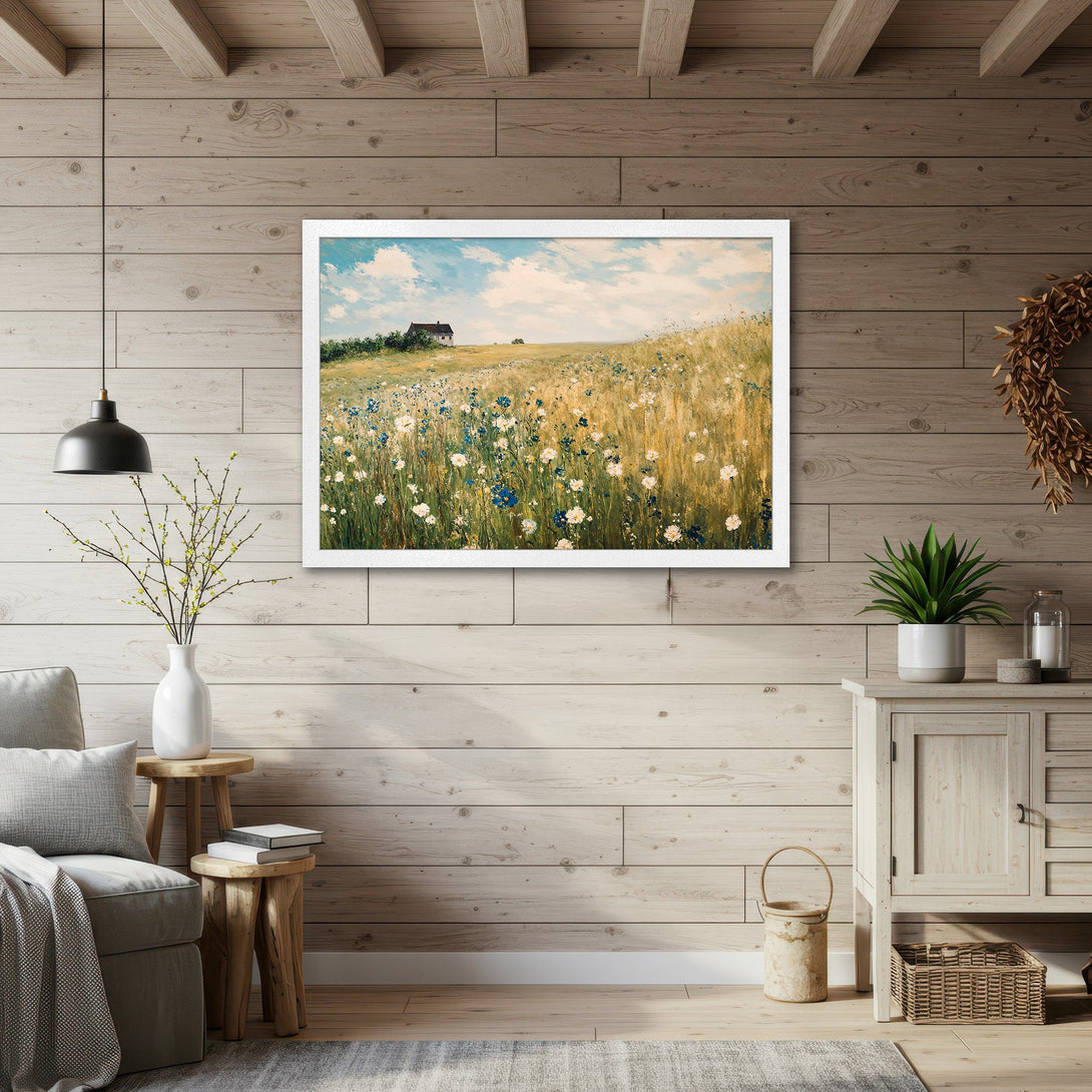 Framed Poster of a serene field landscape in a soft, impressionistic style with a warm, natural color palette. Perfect for adding a touch of calm.