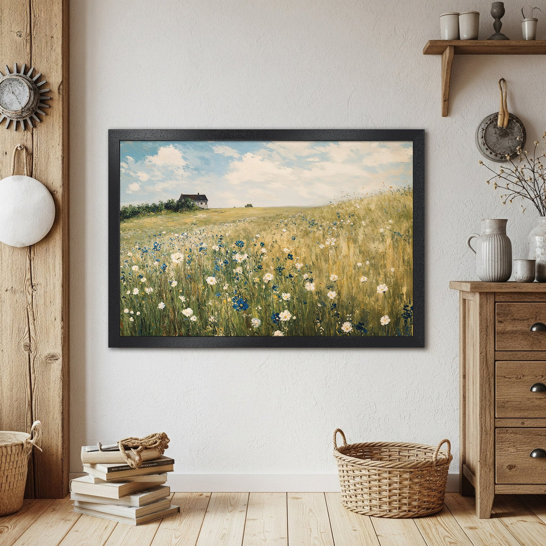 Framed Poster of a serene landscape with wildflowers. Rustic style, featuring a warm, natural color palette. Perfect wall art!