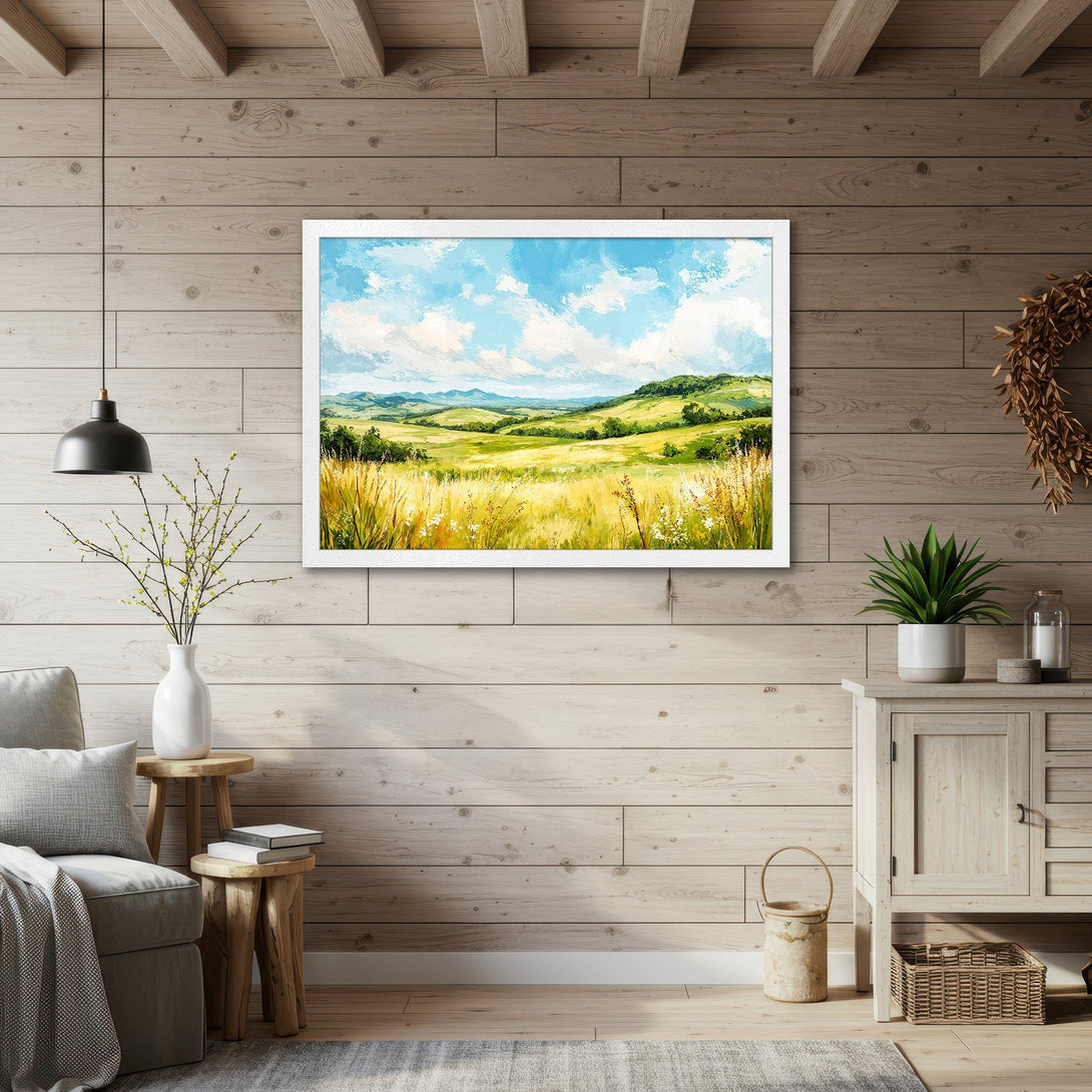 Framed Poster of a scenic landscape painting, featuring a vibrant green and yellow field under a blue sky. Perfect wall art for any home.
