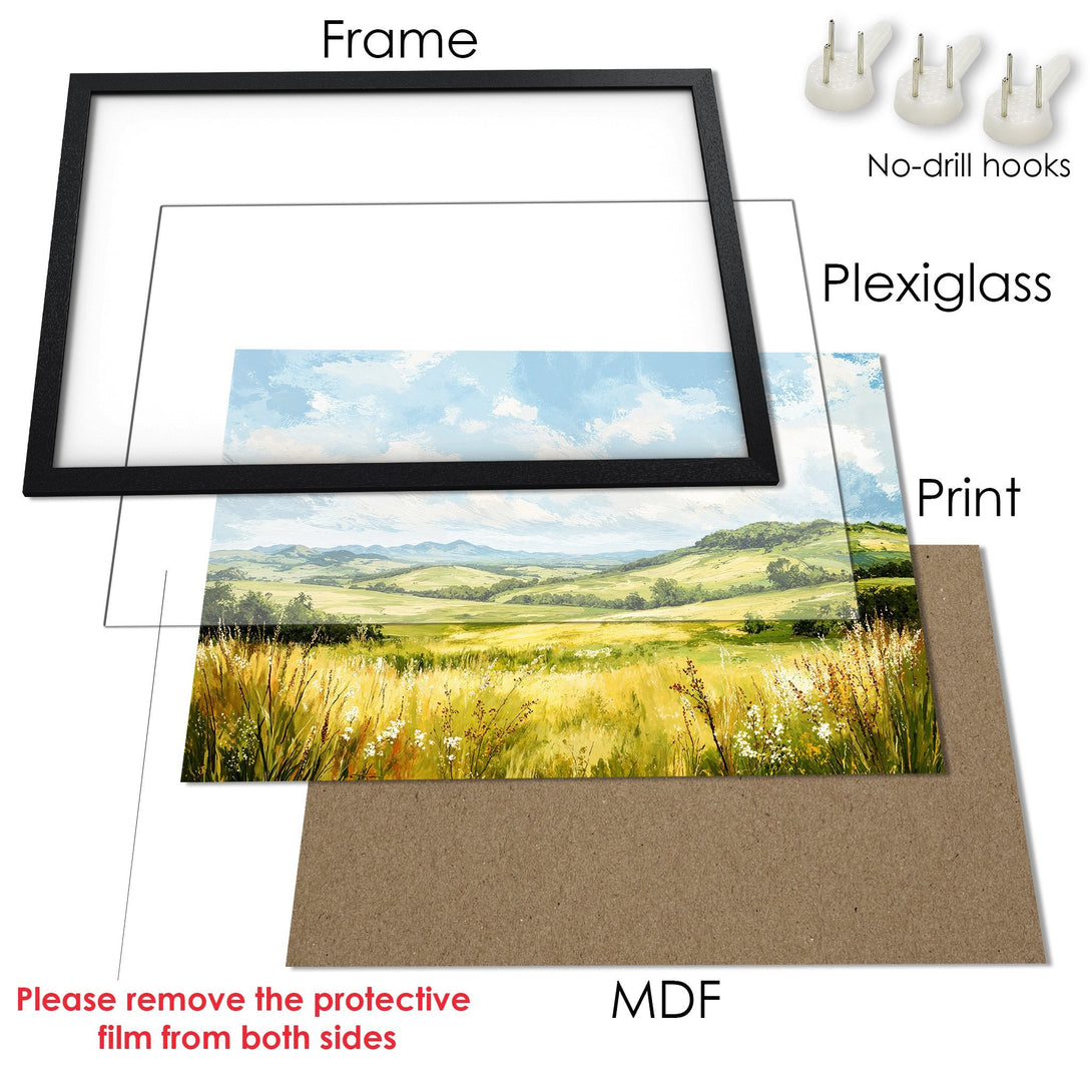Framed Poster: Landscape art print with vibrant greens, yellows, and blues. Perfect wall decor for any room.