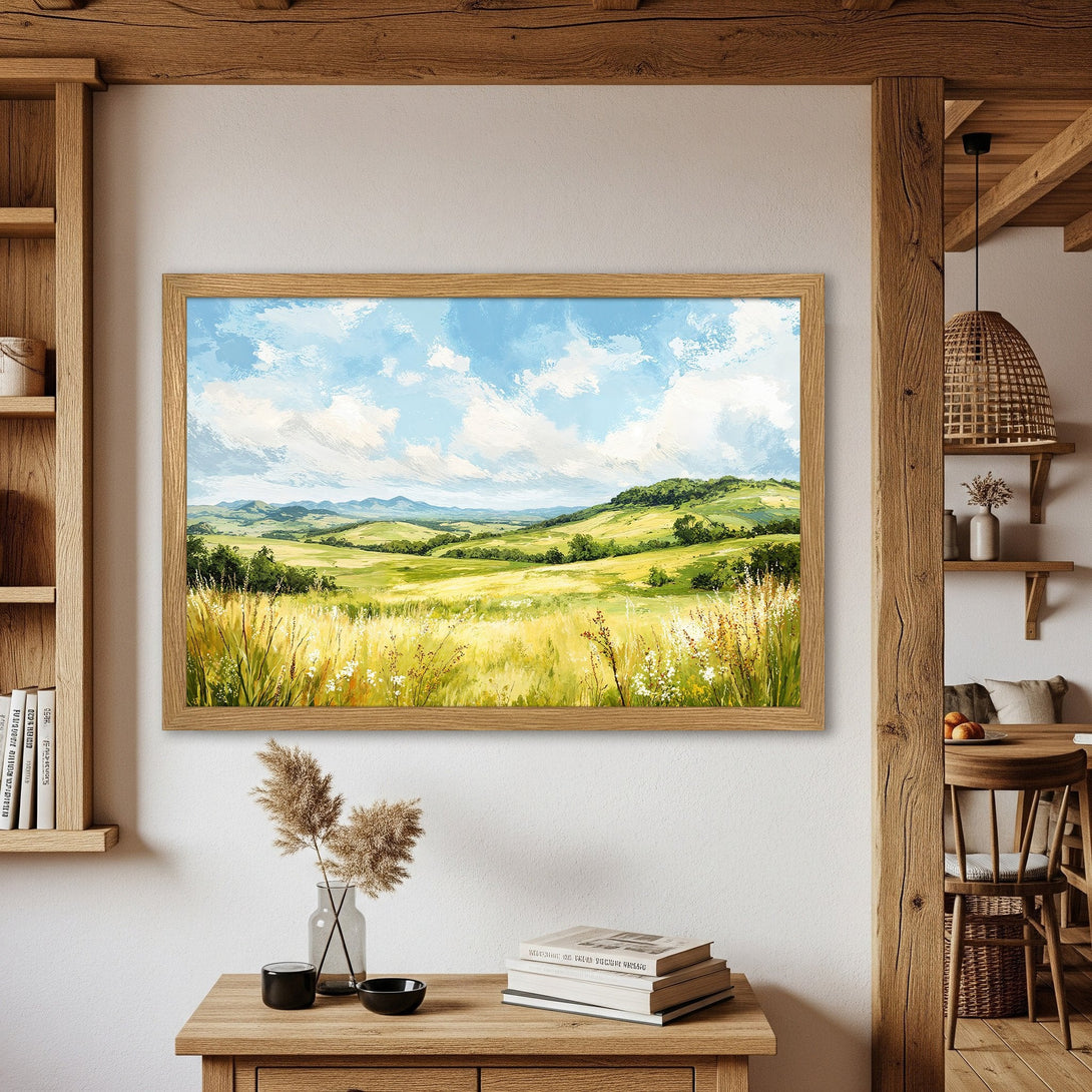 Framed Poster of a serene landscape painting in a rustic style with a warm, earthy color palette. Perfect wall art!