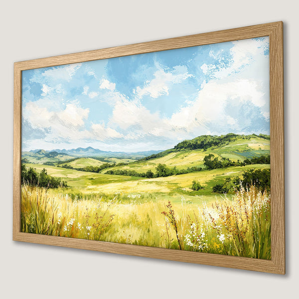Framed Poster of a serene landscape painting with lush green hills, blue sky, and a warm color palette. Add nature to your home!