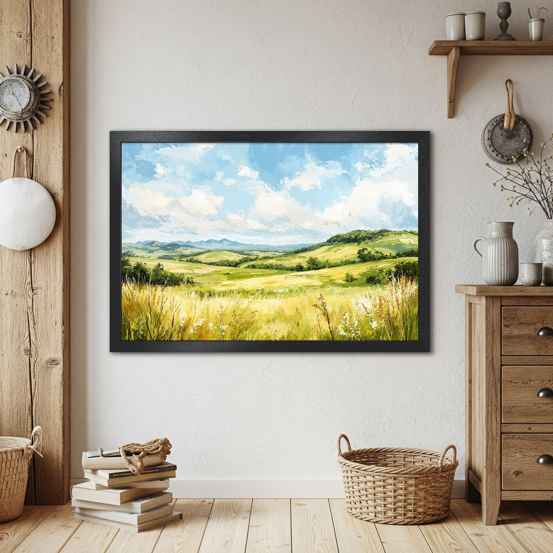 Framed Poster of a serene landscape painting. Featuring green hills, blue sky, and yellow fields. Perfect wall art for any home.