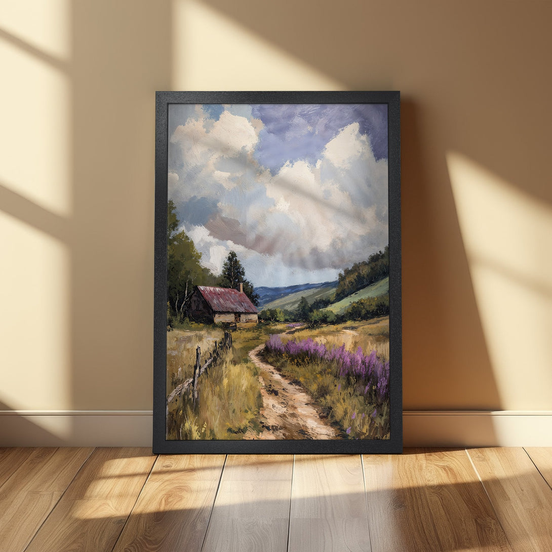 Framed Poster featuring a serene landscape painting. Rustic style with a warm color palette of greens, browns, and purples. Perfect wall art!