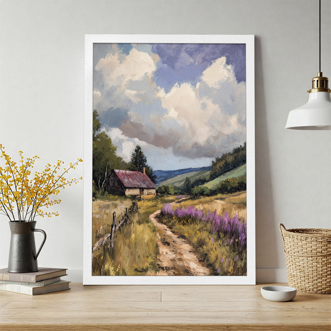 Framed Poster of a serene landscape painting with a cabin, featuring a warm color palette and impressionistic style. Perfect wall decor!
