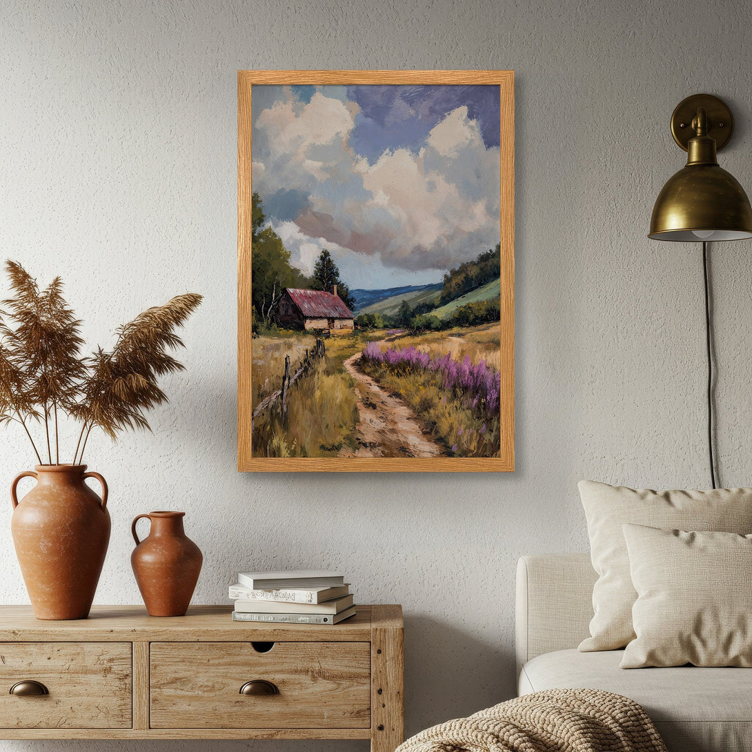 Framed Poster of a serene landscape painting. Rustic style with a warm, earthy color palette. Perfect for home decor.
