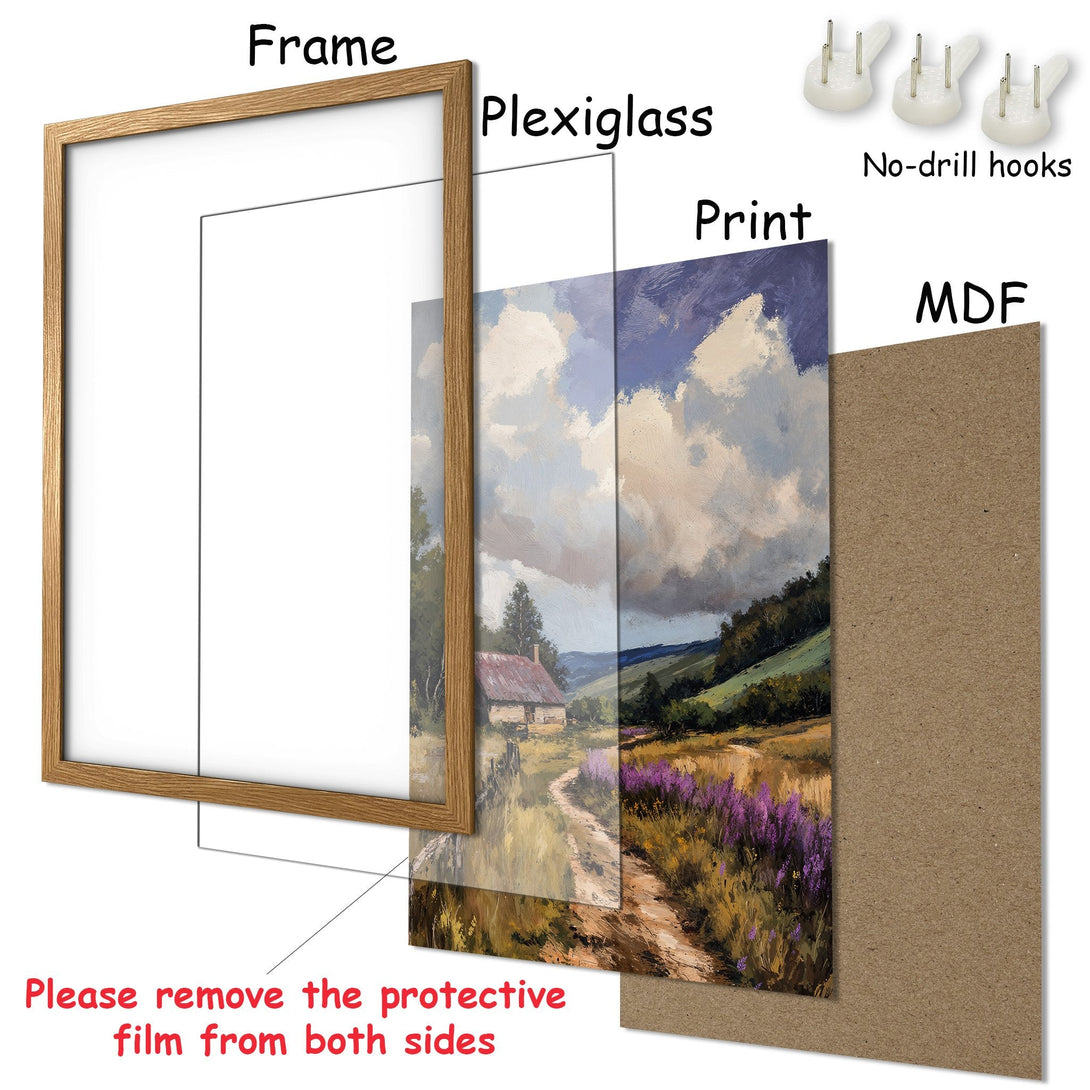 Framed Poster of a landscape painting with a cottage, featuring a natural color palette. Ready to hang!