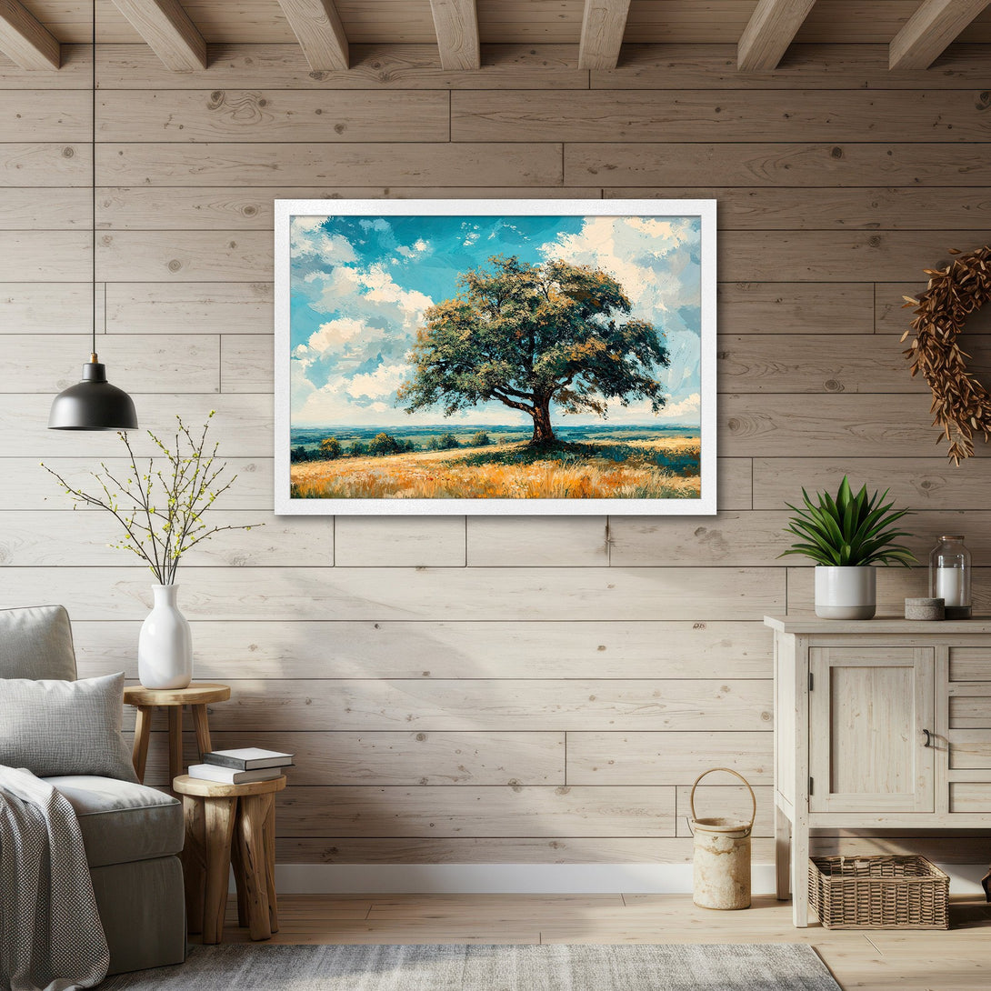 Framed Poster of a vibrant tree landscape painting. Impressionistic style with blue, green, and yellow color palette. Perfect wall art for your home.