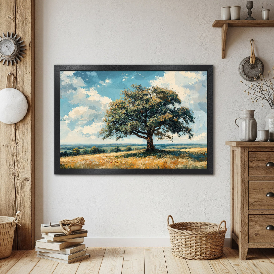 Framed Poster of a tree in a field, impressionist style, blue, green, and yellow color palette. Perfect wall art.