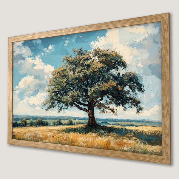 Framed Poster of a majestic tree in a field. Impressionistic style with blue, green, and gold color palette. Perfect wall art!