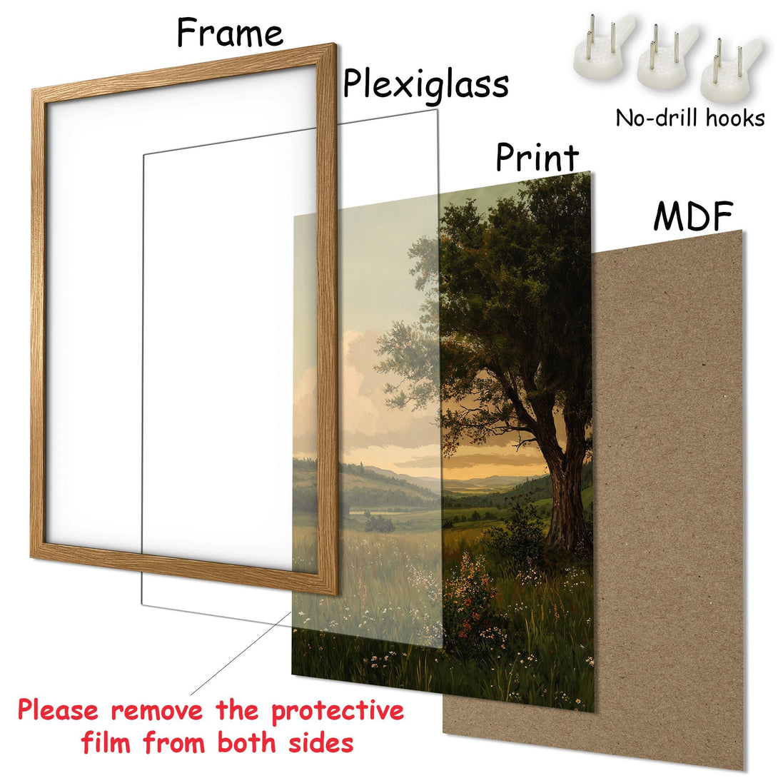 Framed Poster of a serene landscape painting, featuring a tree and fields. Warm, natural color palette. Ready to hang art.