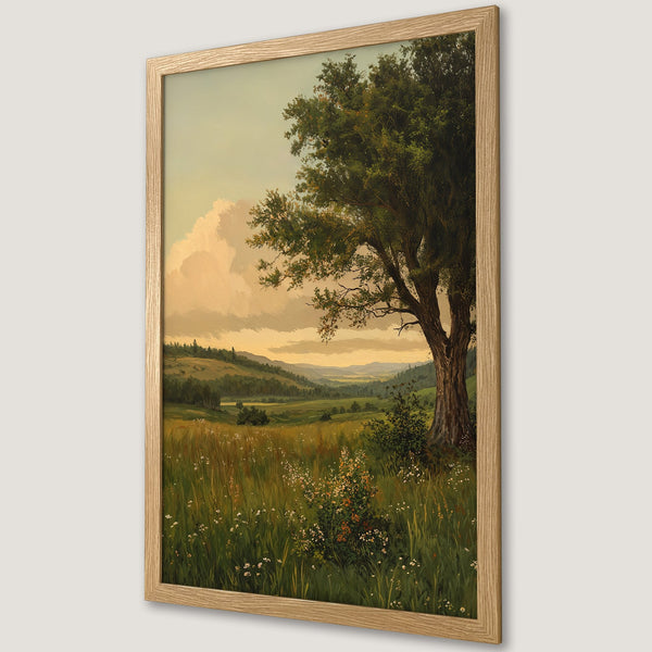 Framed Poster of a serene landscape painting. Featuring a large tree in a field, with a warm, vintage color palette. Perfect wall art!