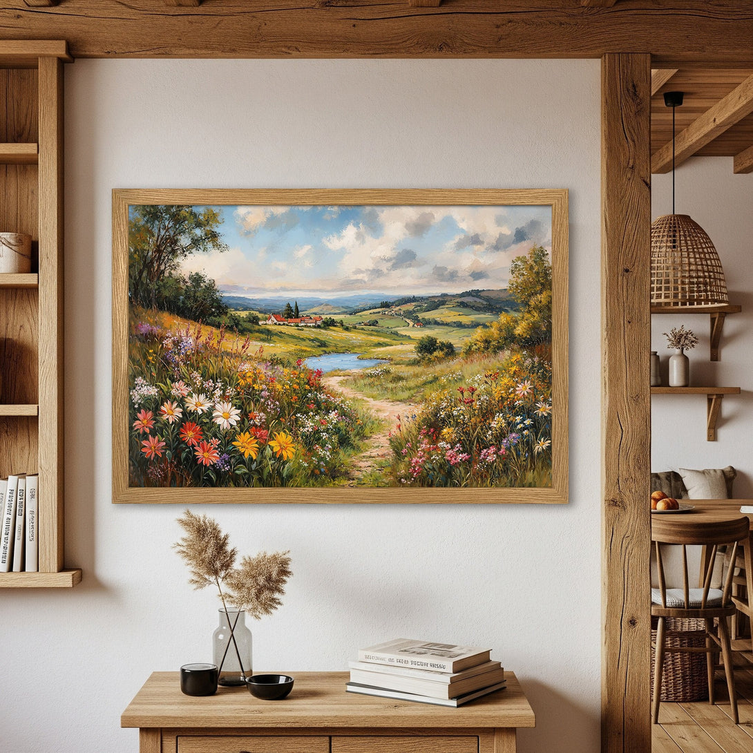 Framed Poster of a vibrant landscape painting with a colorful floral foreground, warm tones. Perfect wall art!