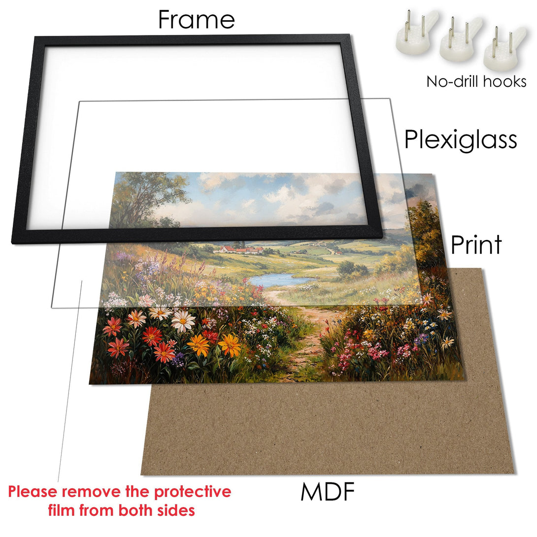 Framed Poster of a vibrant landscape painting. Features colorful flowers and a serene countryside scene. Earthy tones and bright sky.