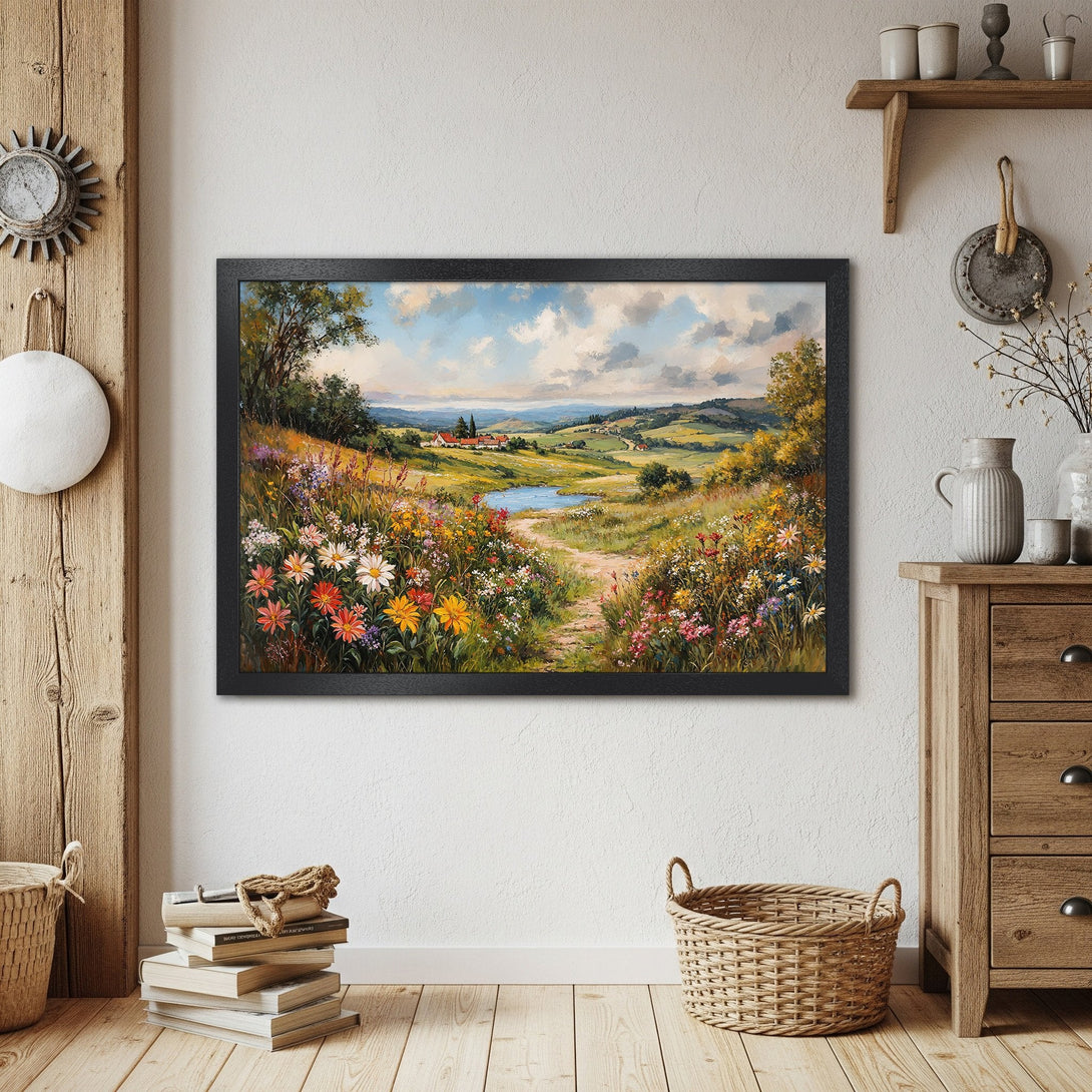 Framed Poster of a vibrant landscape painting with colorful wildflowers, in a warm, inviting color palette. Perfect wall art!