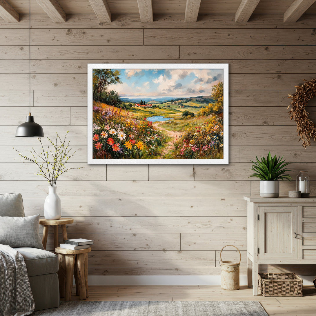 Framed Poster of a vibrant landscape painting with colorful wildflowers, in a warm, inviting color palette. Perfect wall art for your home.