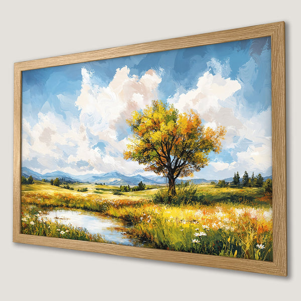 Framed Poster of a vibrant landscape painting with a tree, in a warm color palette. Perfect wall art!