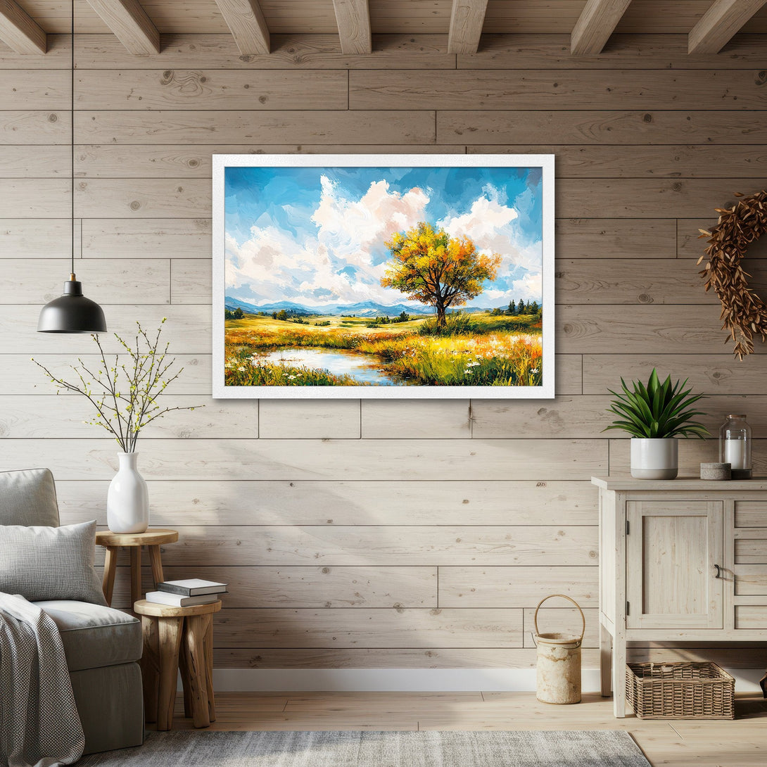 Framed Poster featuring a vibrant landscape painting with a yellow tree, blue sky, and warm color palette. Perfect wall art!