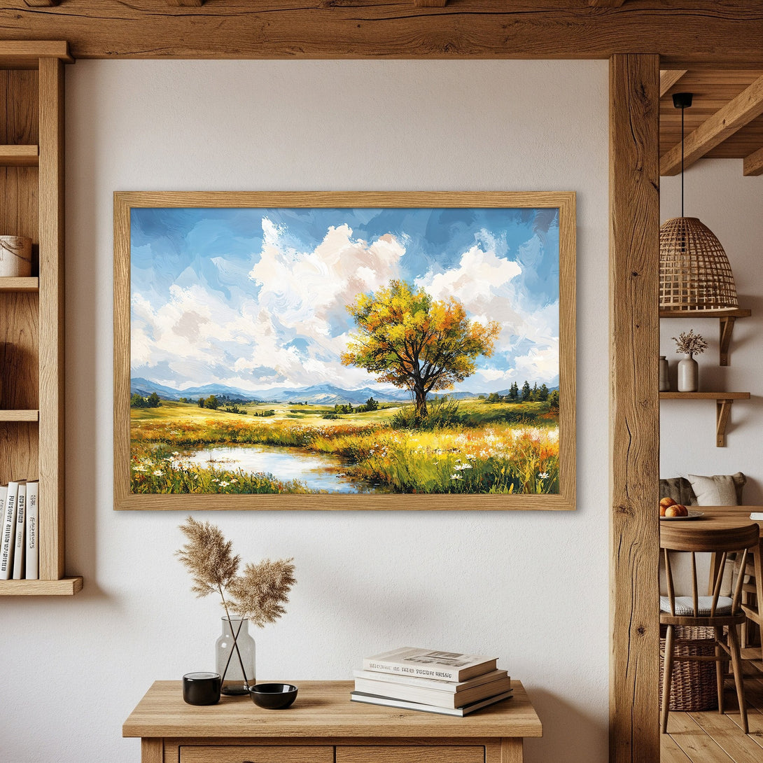 Framed Poster of a landscape painting with a tree, in a warm color palette. Perfect wall art for your home!