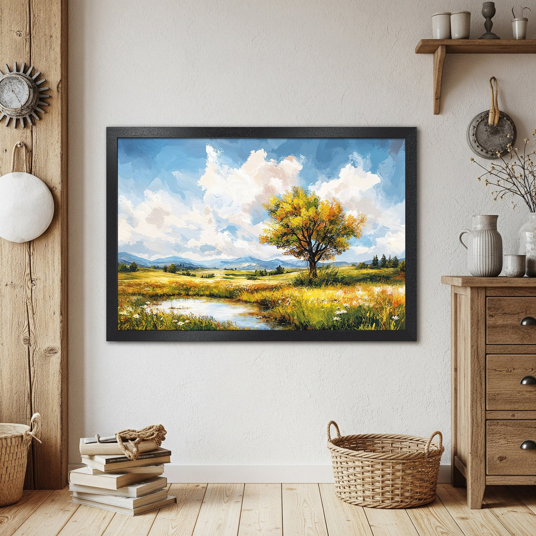 Framed Poster of a landscape painting with a tree. Impressionistic style, blue, yellow, and green color palette. Perfect wall art!