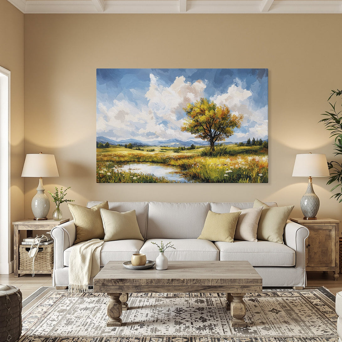 Framed Wall Art: Landscape painting with a tree, river, and mountains in a warm, inviting color palette. Perfect for any home!