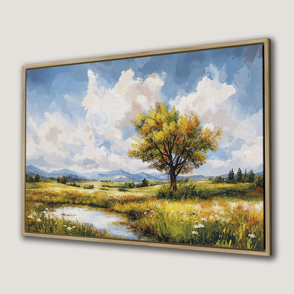 Framed Wall Art: Landscape Canvas Print featuring a vibrant tree and field, painted in an impressionistic style with a warm, inviting color palette.