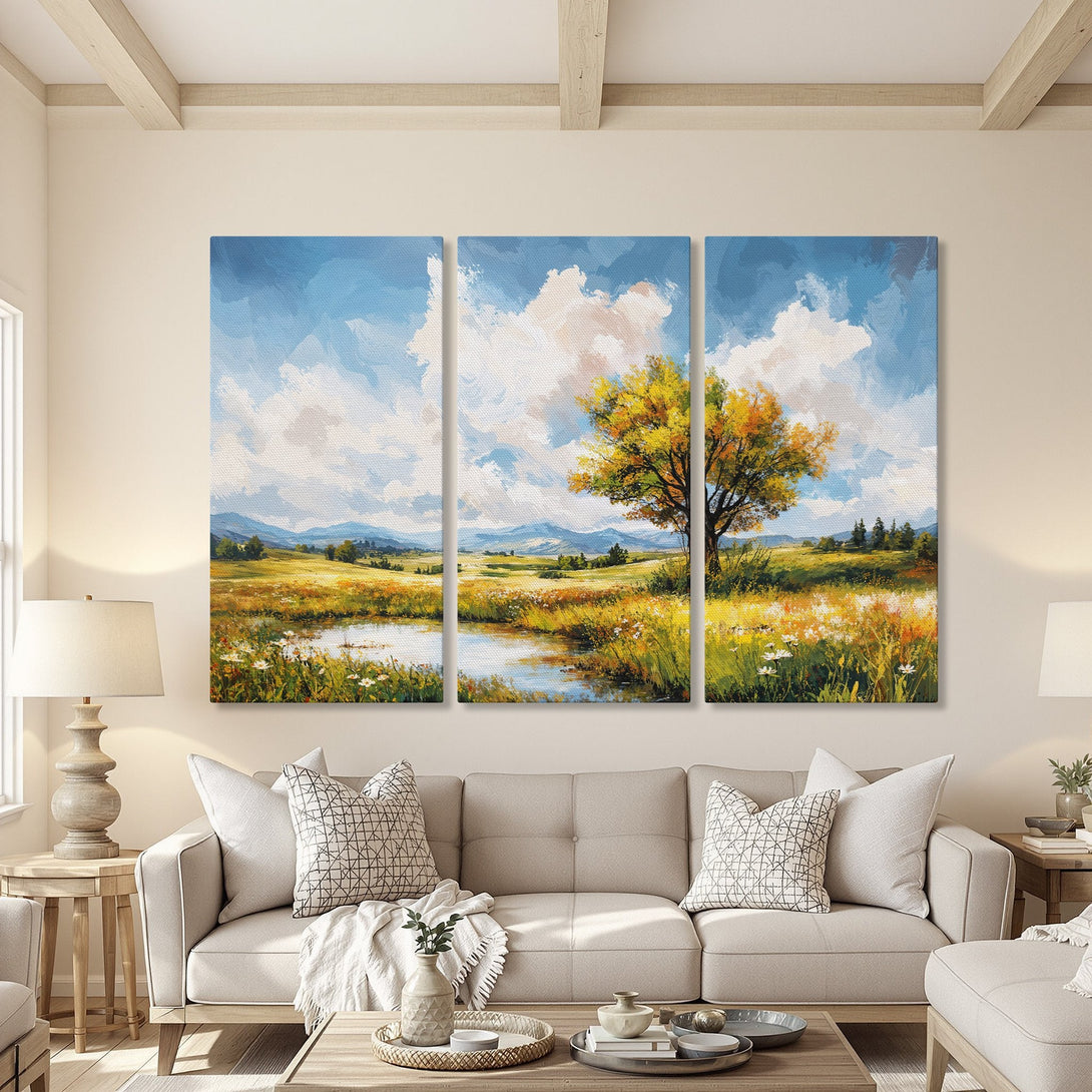 Canvas Print of a serene landscape painting with a vibrant yellow and blue color palette. Features a tree and a pond, perfect for home decor.