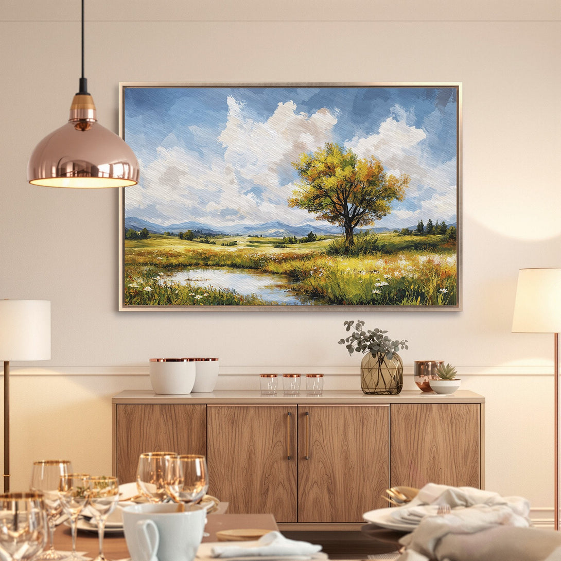 Framed Wall Art: Landscape Canvas Print with a serene meadow scene in blue, yellow, and green. Perfect for adding a touch of nature to your home.