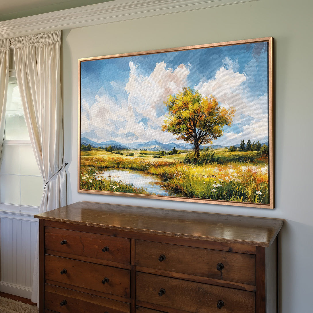 Framed Wall Art: Landscape Canvas Print featuring a vibrant tree and serene pond, painted in a classic style with warm, earthy tones. Perfect home decor!