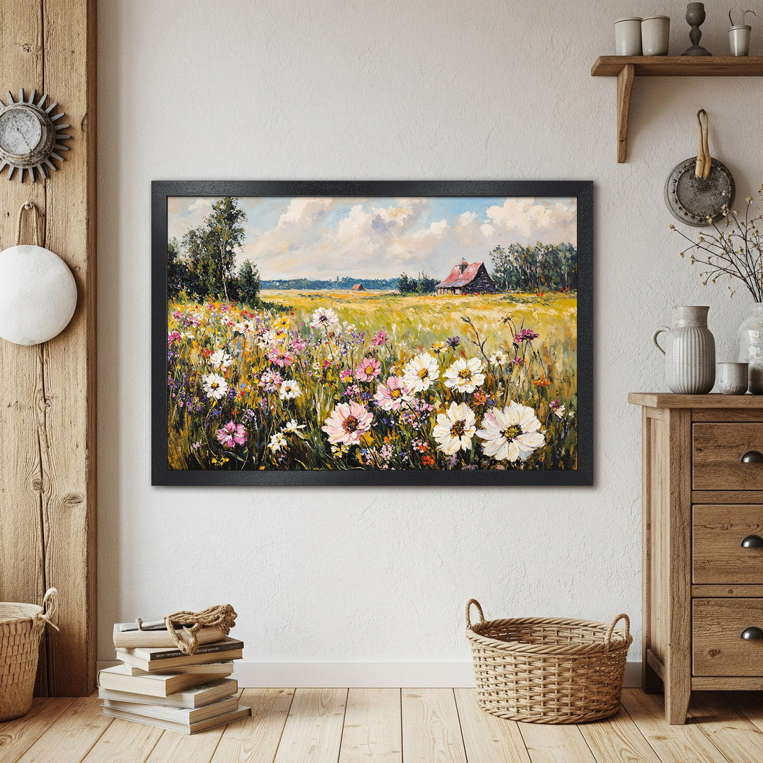 Framed Poster of a vibrant field painting. Impressionistic style with a warm, colorful palette. Perfect wall art!