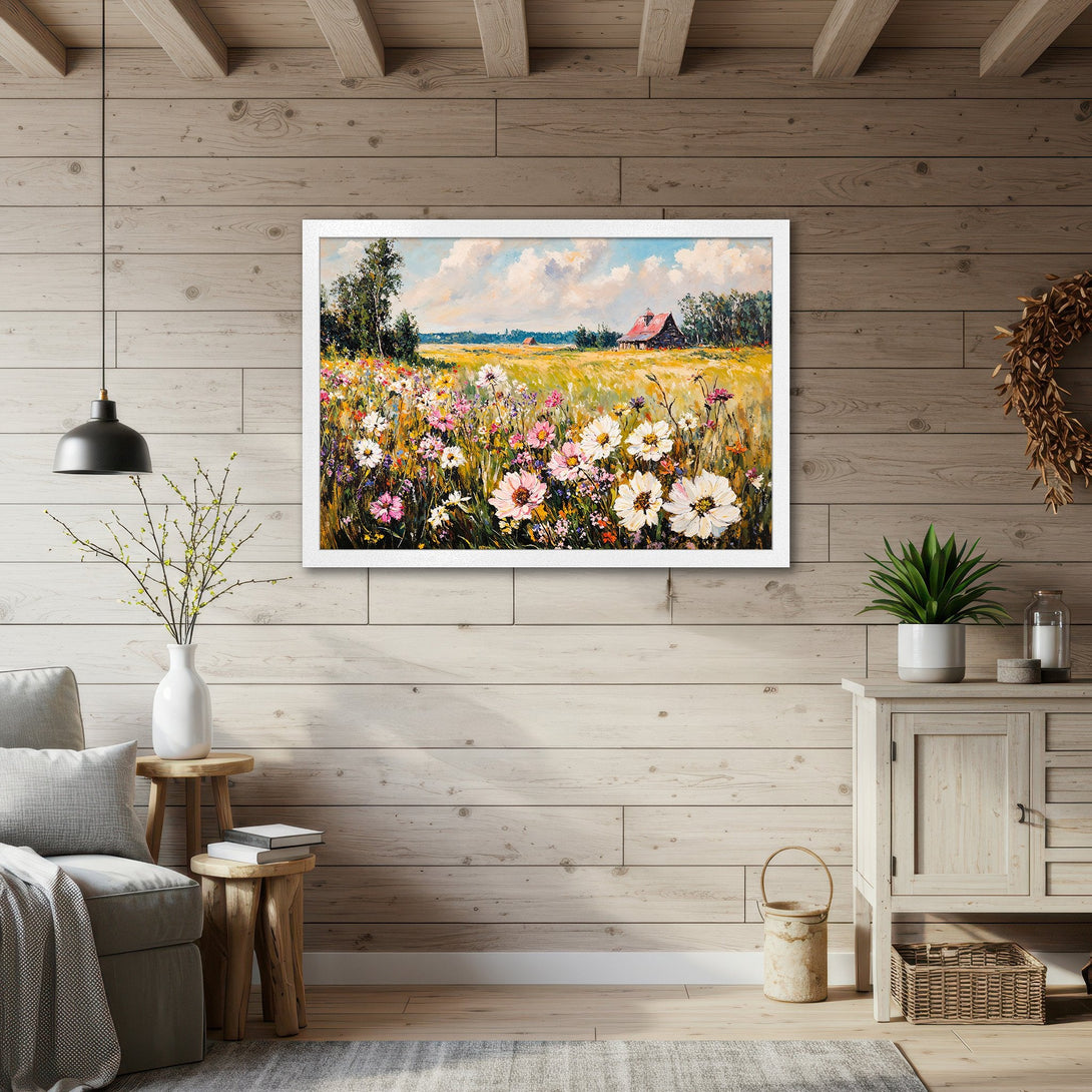 Framed Poster of a vibrant field with a barn, in an impressionistic style with a warm color palette. Perfect wall art!