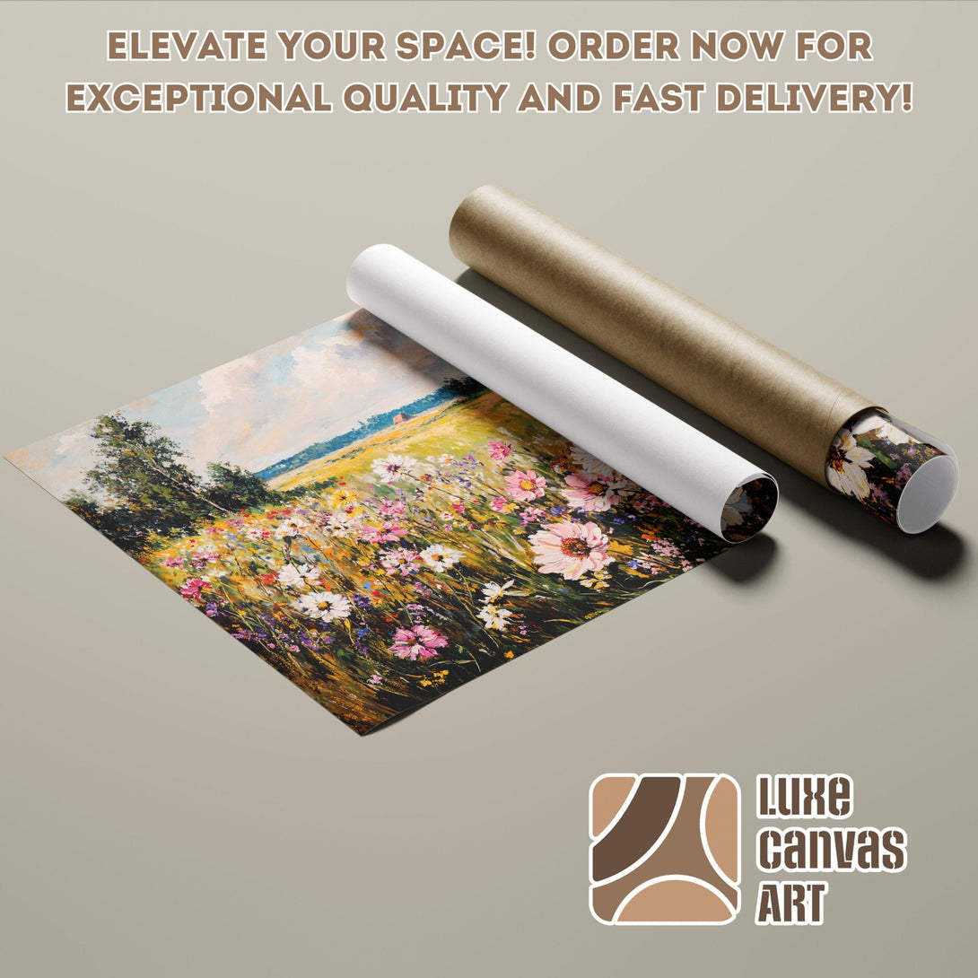 Poster Roll featuring a vibrant floral field painting in a warm, colorful palette. Elevate your space!