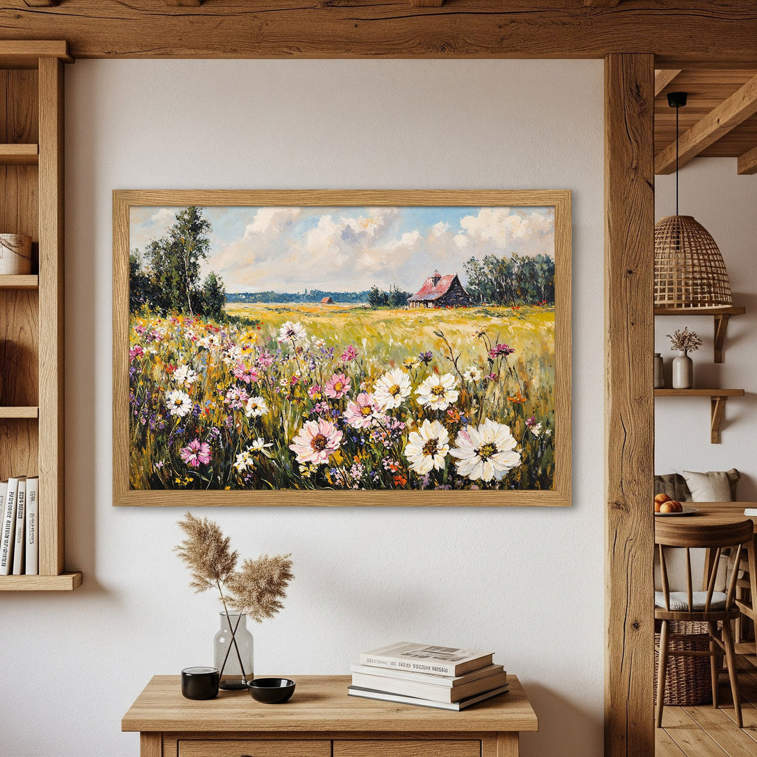 Framed Poster of a vibrant floral field & barn landscape painting. Impressionistic style, warm color palette. Perfect wall art!