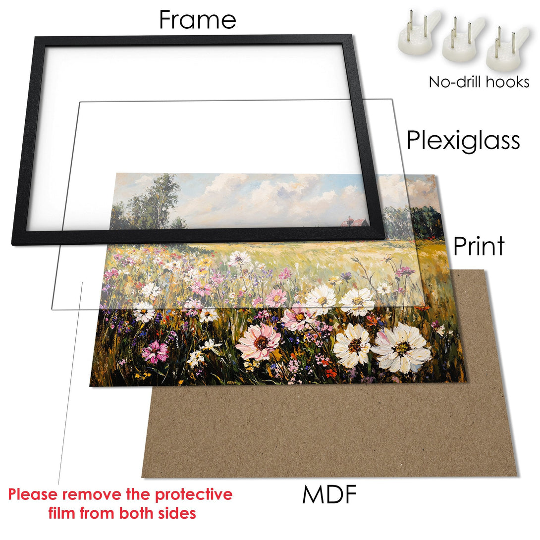 Framed Poster of a vibrant floral field in an impressionistic style with a warm color palette. Perfect wall art!