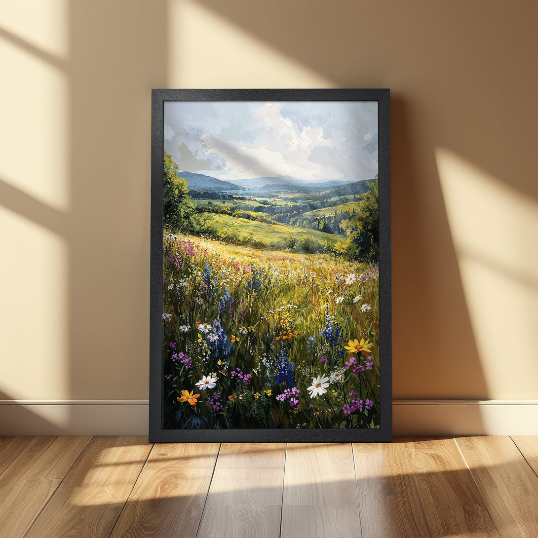 Framed Poster of a vibrant wildflower meadow landscape painting. Impressionistic style with a warm, natural color palette. Perfect wall art!