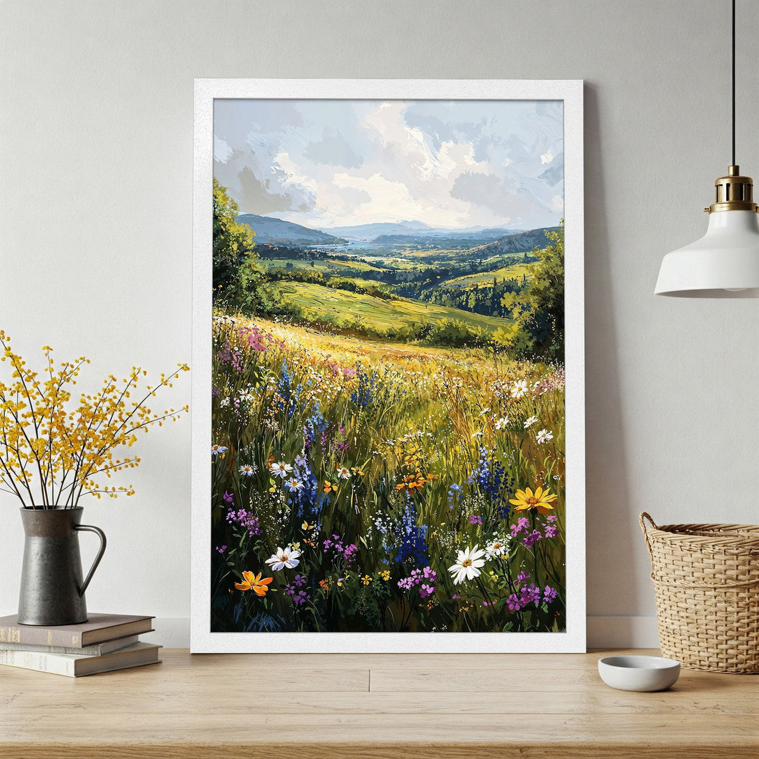 Framed Poster of a vibrant meadow landscape, painted in a soft, impressionistic style with a warm, colorful palette.