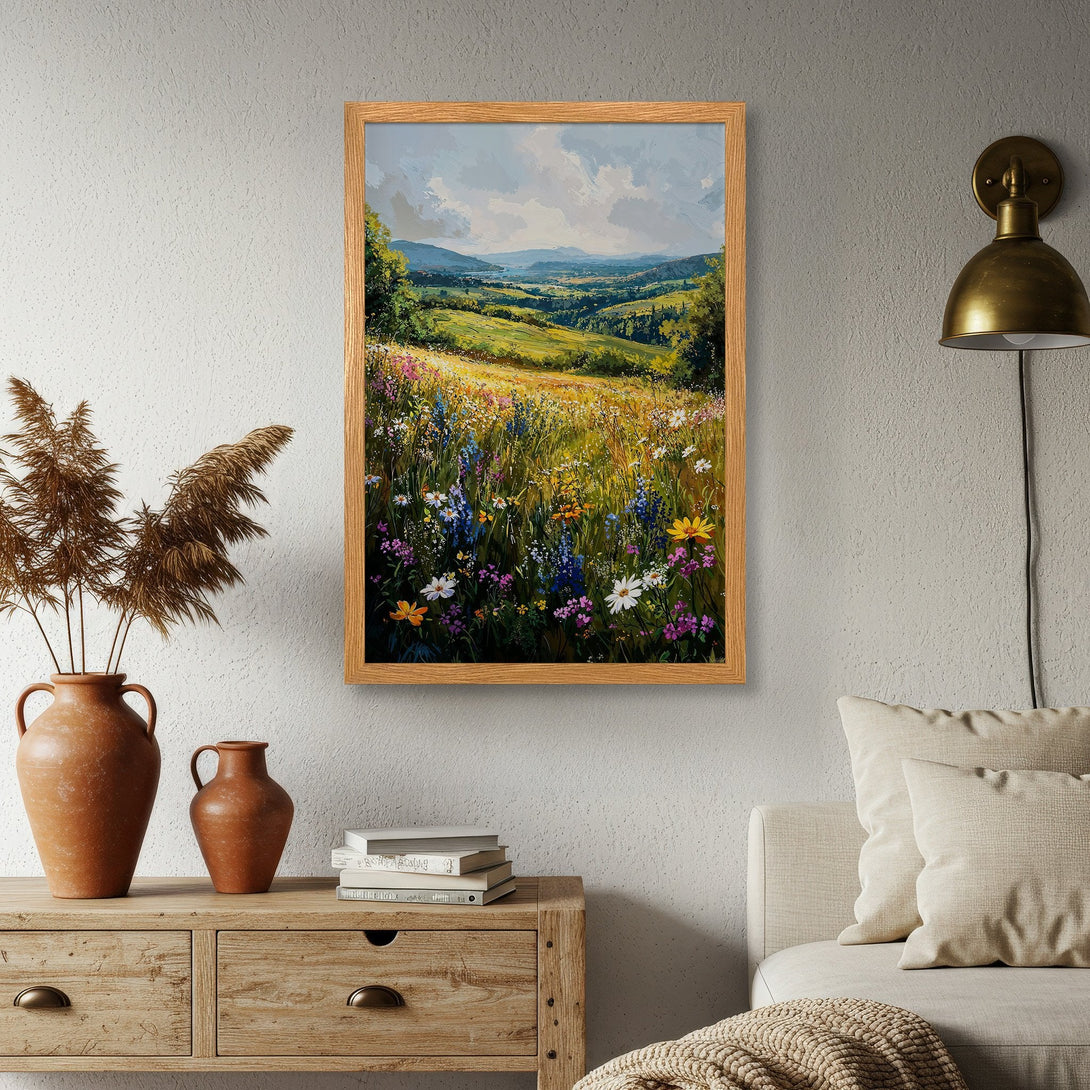 Framed Poster of a vibrant wildflower meadow landscape, painted in an impressionistic style with a natural, colorful palette. Perfect wall art!