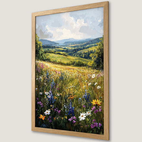 Framed Poster of a vibrant landscape painting, featuring wildflowers, rolling hills, and a soft, natural color palette. Perfect wall art!