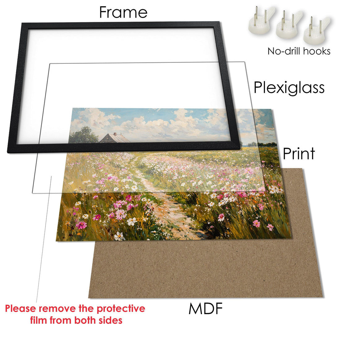Framed Poster of a vibrant field painting with a black frame. Featuring a colorful palette of blues, greens, and pinks.