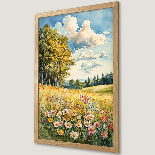 Framed Poster: Watercolor landscape art print featuring a field of wildflowers and trees, with a blue and yellow color palette. Perfect wall decor!