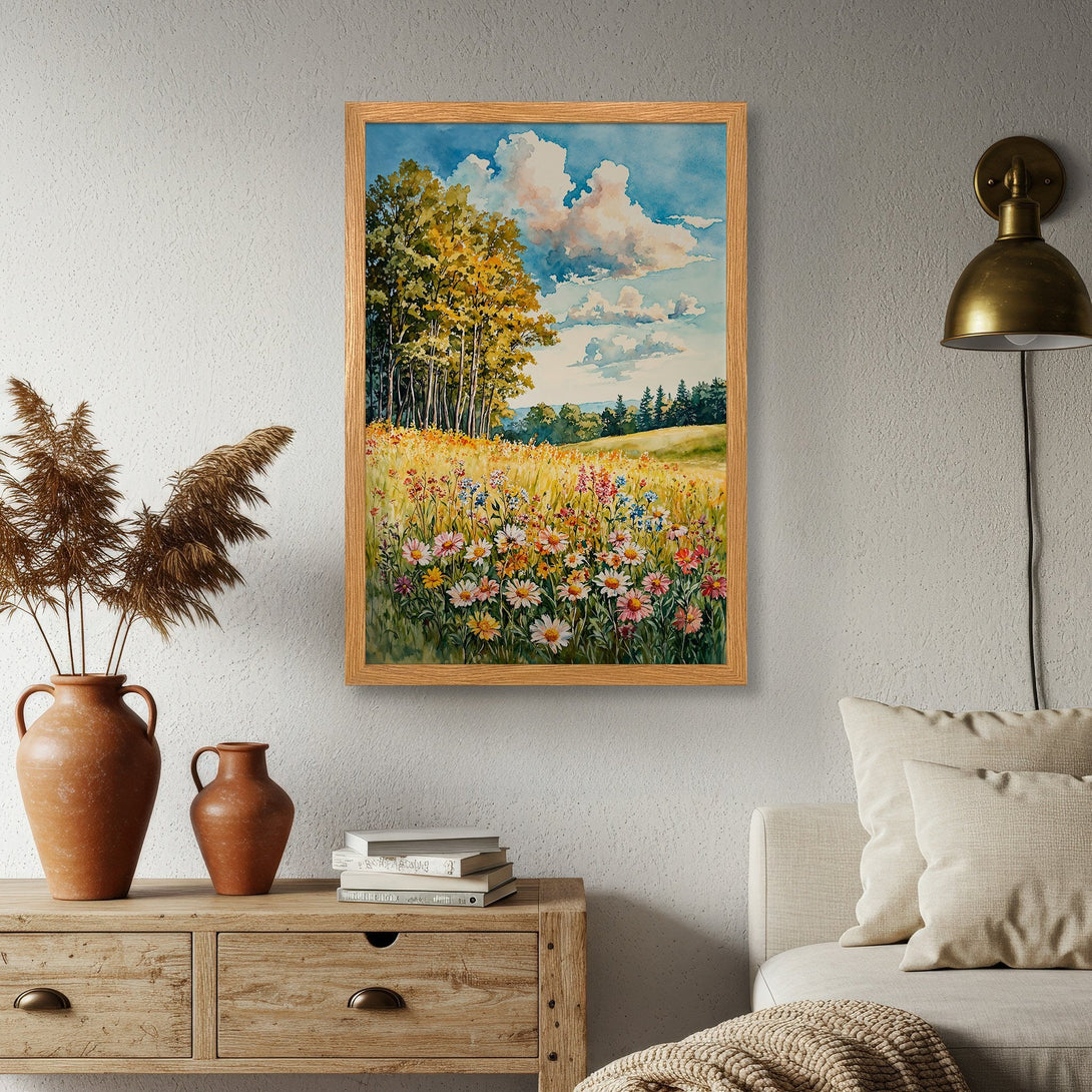 Framed Poster of a watercolor landscape with a field of flowers, trees, and blue sky. Warm, inviting color palette. Perfect wall art!